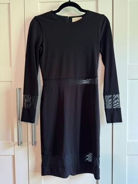 Alice + Olivia Black Long Sleeve Sheath Dress with Mesh Panels